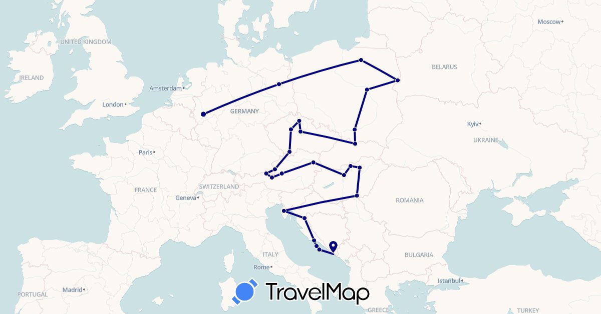 TravelMap itinerary: driving in Austria, Czech Republic, Germany, Croatia, Hungary, Poland (Europe)